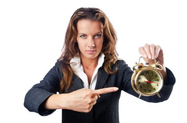 Businesswoman with alarm clock on white clipart