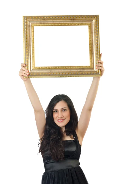 Woman with picture frame on white — Stock Photo, Image
