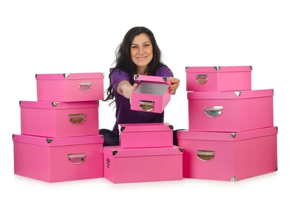Dziewczyna z stos giftboxes — Zdjęcie stockowe