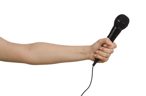 Χέρι με μικρόφωνο σε λευκό — Φωτογραφία Αρχείου