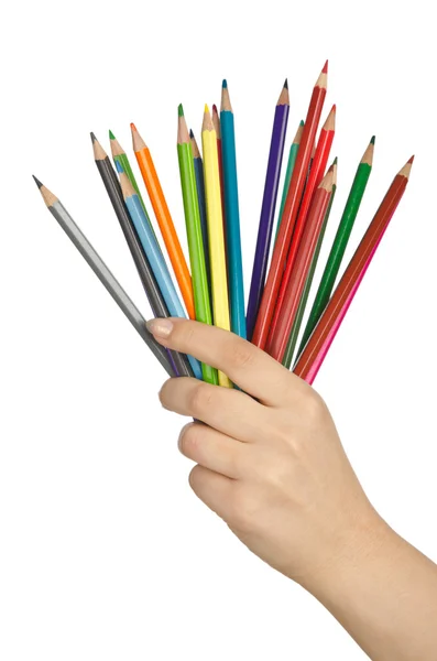 Mão segurando lápis de cor no branco — Fotografia de Stock
