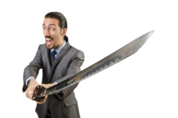 Empresário com espada sobre branco — Fotografia de Stock