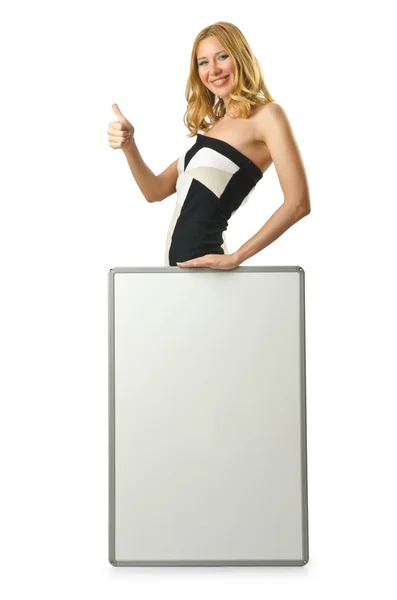 Mulher com placa em branco no branco — Fotografia de Stock