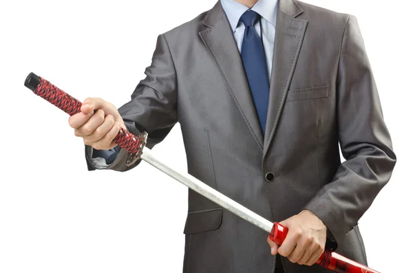 Uomo d'affari con la spada sul bianco — Foto Stock