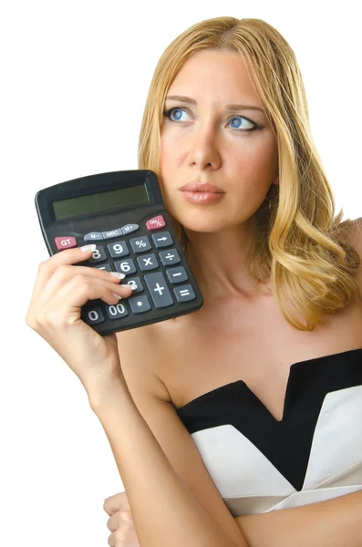Mujer contable con calculadora en blanco —  Fotos de Stock