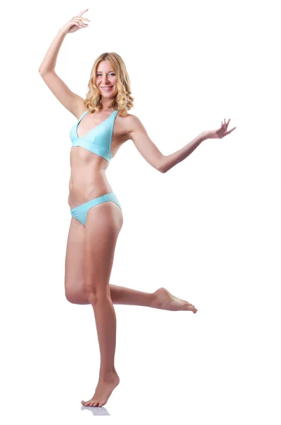 Attraktiv kvinna i bikini på vit — Stockfoto