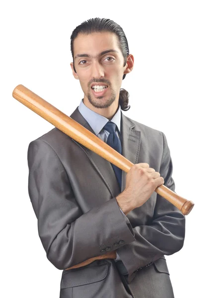 Enojado hombre de negocios con bate en blanco —  Fotos de Stock