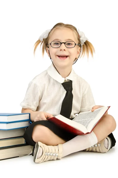 Liten jente med bøker om hvitt – stockfoto
