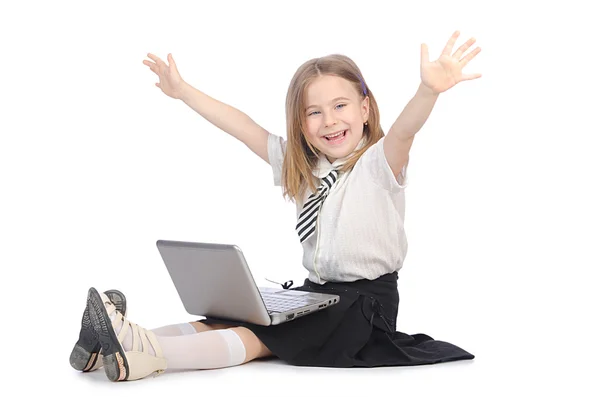 可爱的女孩与白色的笔记本电脑 — 图库照片