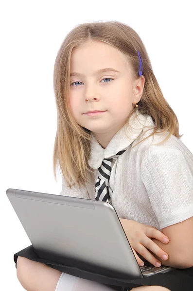 Söt flicka med laptop på vit — Stockfoto