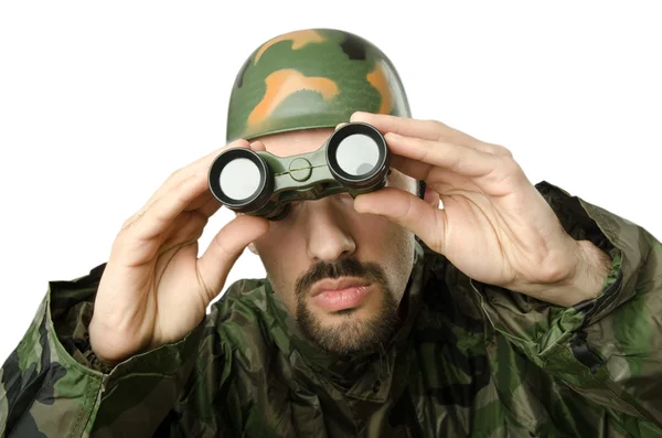 Funny soldier with binoculars — Stock Photo, Image