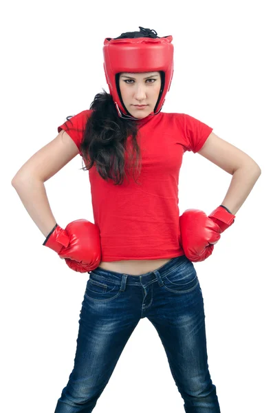 Kvinna boxare på vit bakgrund — Stockfoto
