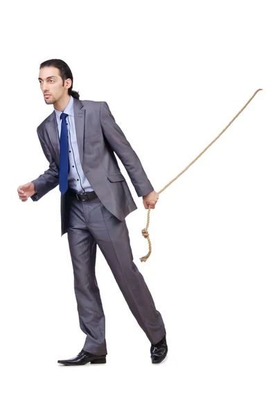 Uomo d'affari tirando corda sul bianco — Foto Stock