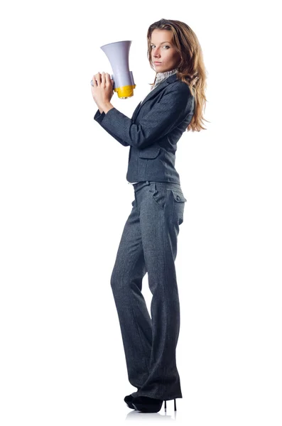 Businesswoman with loudspeaker on white — Stock Photo, Image