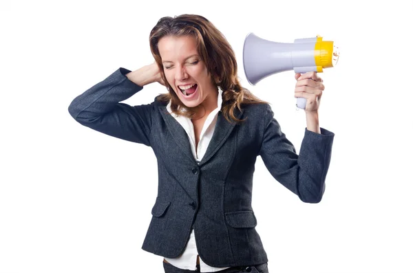 Affärskvinna med högtalare på vitt — Stockfoto