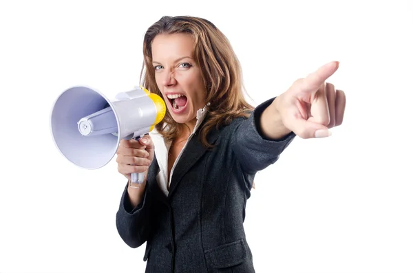 Businesswoman with loudspeaker on white — Stock Photo, Image