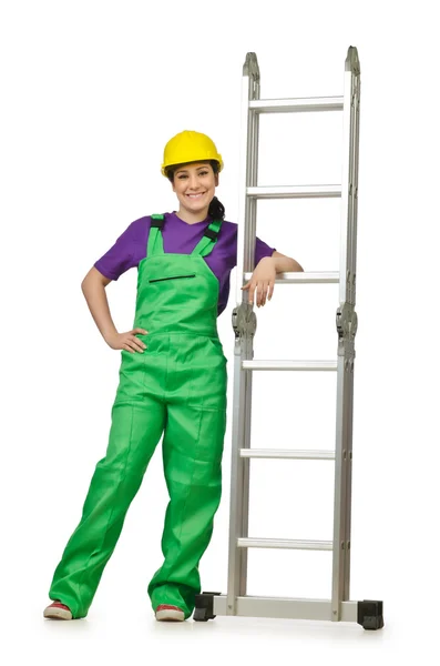 Vrouw werknemer met ladder op wit — Stockfoto
