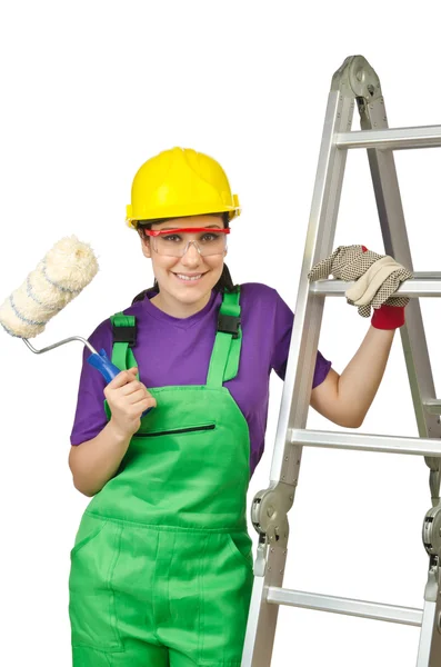 Woman worker with ladder on white — Stock Photo, Image