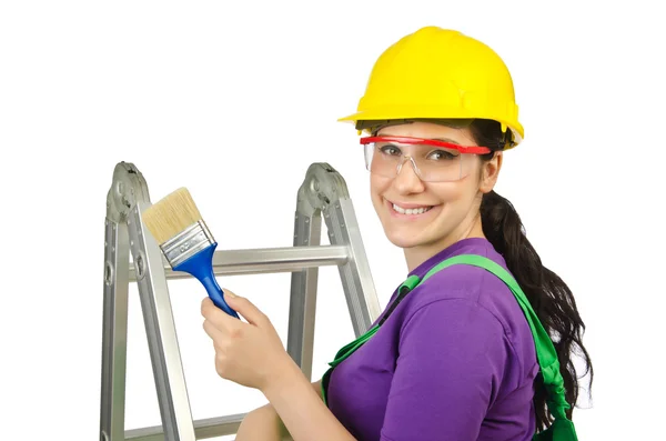 Woman worker with ladder on white — Stock Photo, Image