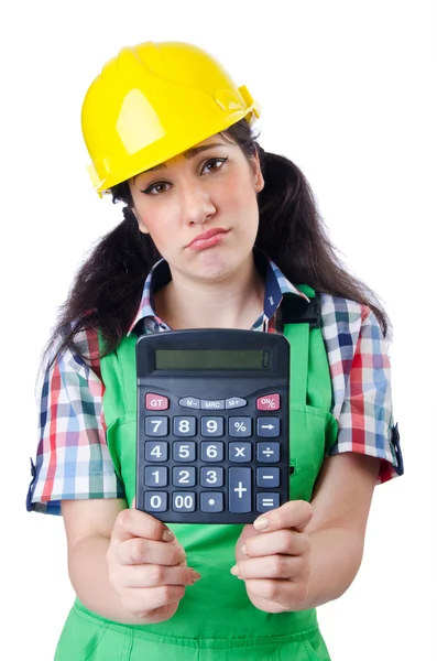Bauarbeiterin mit Taschenrechner auf weiß — Stockfoto
