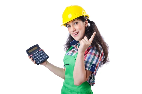 Costruttore donna con calcolatrice su bianco — Foto Stock