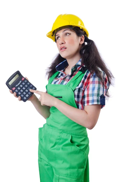 Woman builder with calculator on white — Stock Photo, Image