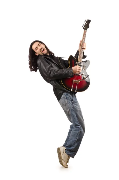 Jovem tocando guitarra no branco — Fotografia de Stock