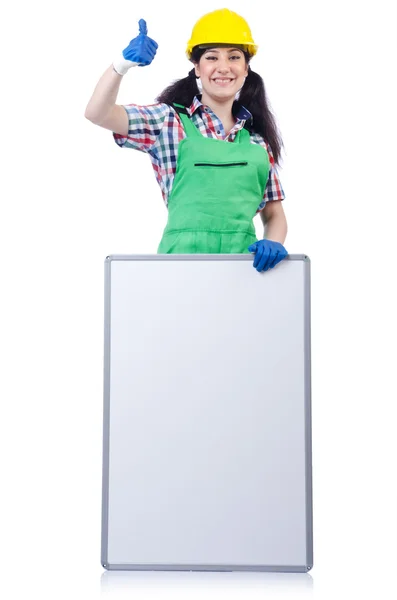 Mulher construtor com placa em branco — Fotografia de Stock