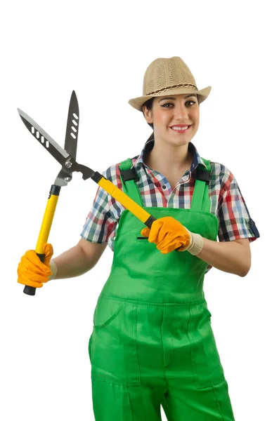 Dívka s zahradní nůžky na bílém pozadí — Stock fotografie