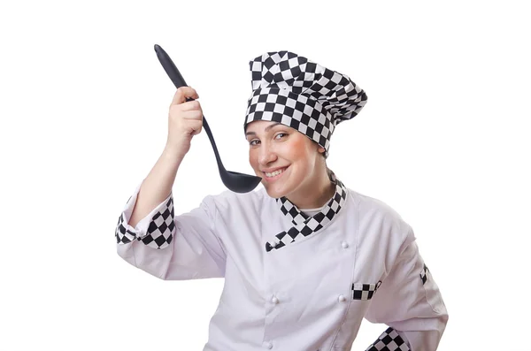 Γυναίκα μάγειρας με κουτάλα σε λευκό — Φωτογραφία Αρχείου