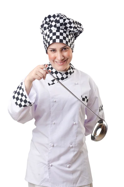 Femme cuisinier avec louche sur blanc — Photo