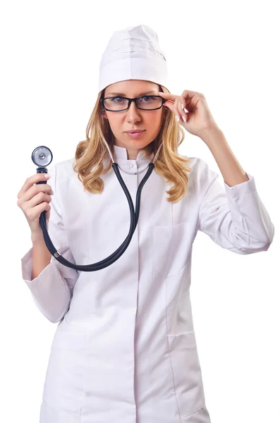 Atractivo médico mujer aislado en blanco Imagen de archivo