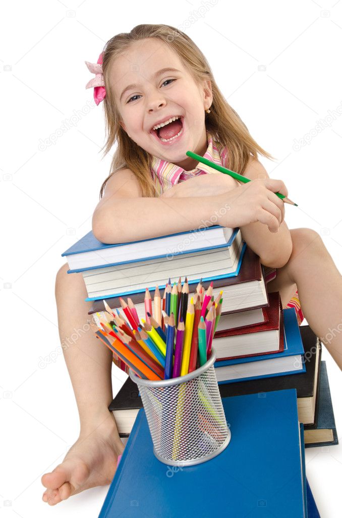 Little girl with books on white