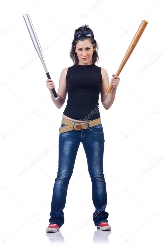 Woman criminal with bat on white