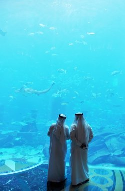Visitors watching the aquarium in the Atlantis Hotel on the Jumeirah Palm island clipart