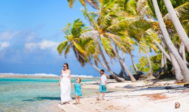 Mother and kids on tropical vacation clipart