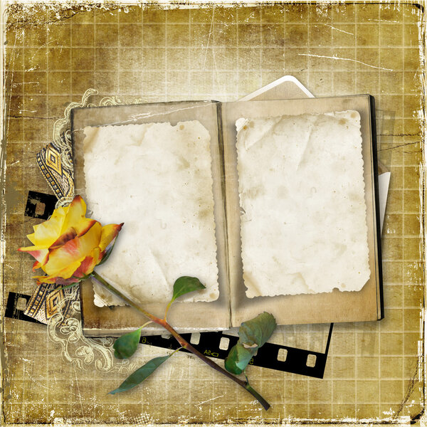 Vintage background with old cards and rose