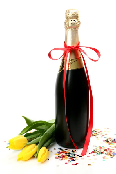 Champagne and tulips — Stock Photo, Image
