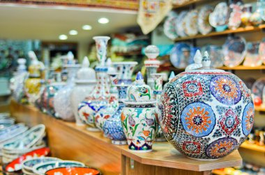 Oriental patterns on colorful china in Istanbul, Turkey clipart