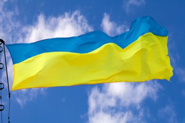 Ukrayna bayrağı sallayarak bulutlu gökyüzü