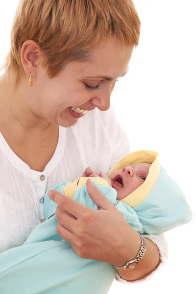 Happy young woman holds on hands her newborn baby — Stock Photo, Image