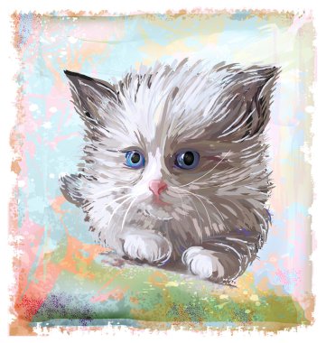 Hand drawn portrait of the fluffy kitten with blue eyes clipart