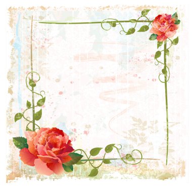 Vintage background with red roses and ivy