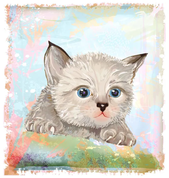 手蓝眼睛的蓬松小猫绘制的的肖像 — 图库矢量图片