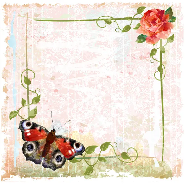 Kırmızı güller, sarmaşık ve kelebek ile antika arka plan — Stok Vektör
