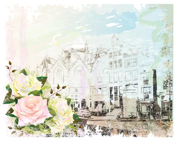 Винтажная иллюстрация Амстердамской улицы и роз. Акварель — стоковый вектор