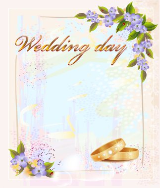 Wedding card with rings and violets clipart