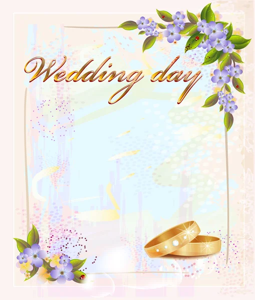 Wedding card with rings and violets — Stock Vector