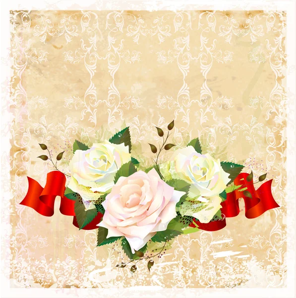 Vintage ornamental background with roses and ribbon — Stock Vector