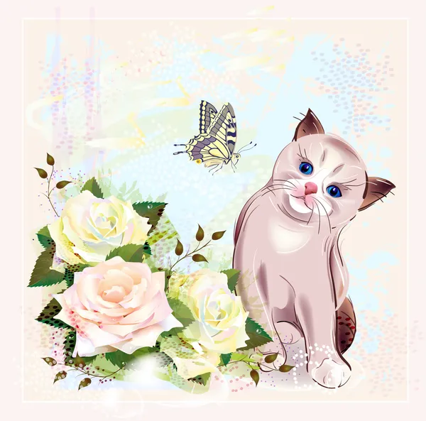 Ευχετήρια κάρτα με γατάκι, πεταλούδα και τριαντάφυλλα — Διανυσματικό Αρχείο